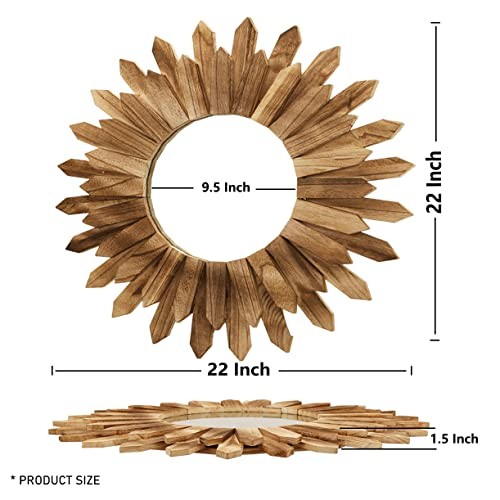 2 Pack 22 Inch Boho Wall Sunburst Mirror Rustic Round Wood Decorative Mirror