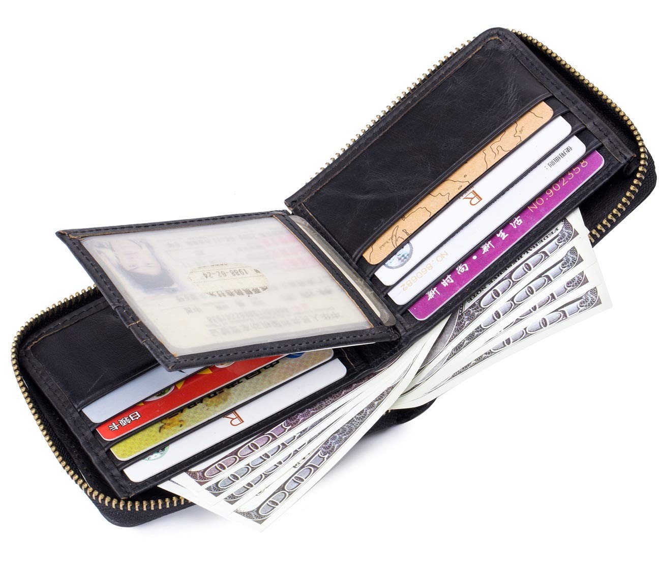 Men Genuine Leather Zipper Wallet RFID Blocking Bifold Wallets ID Window Cred...