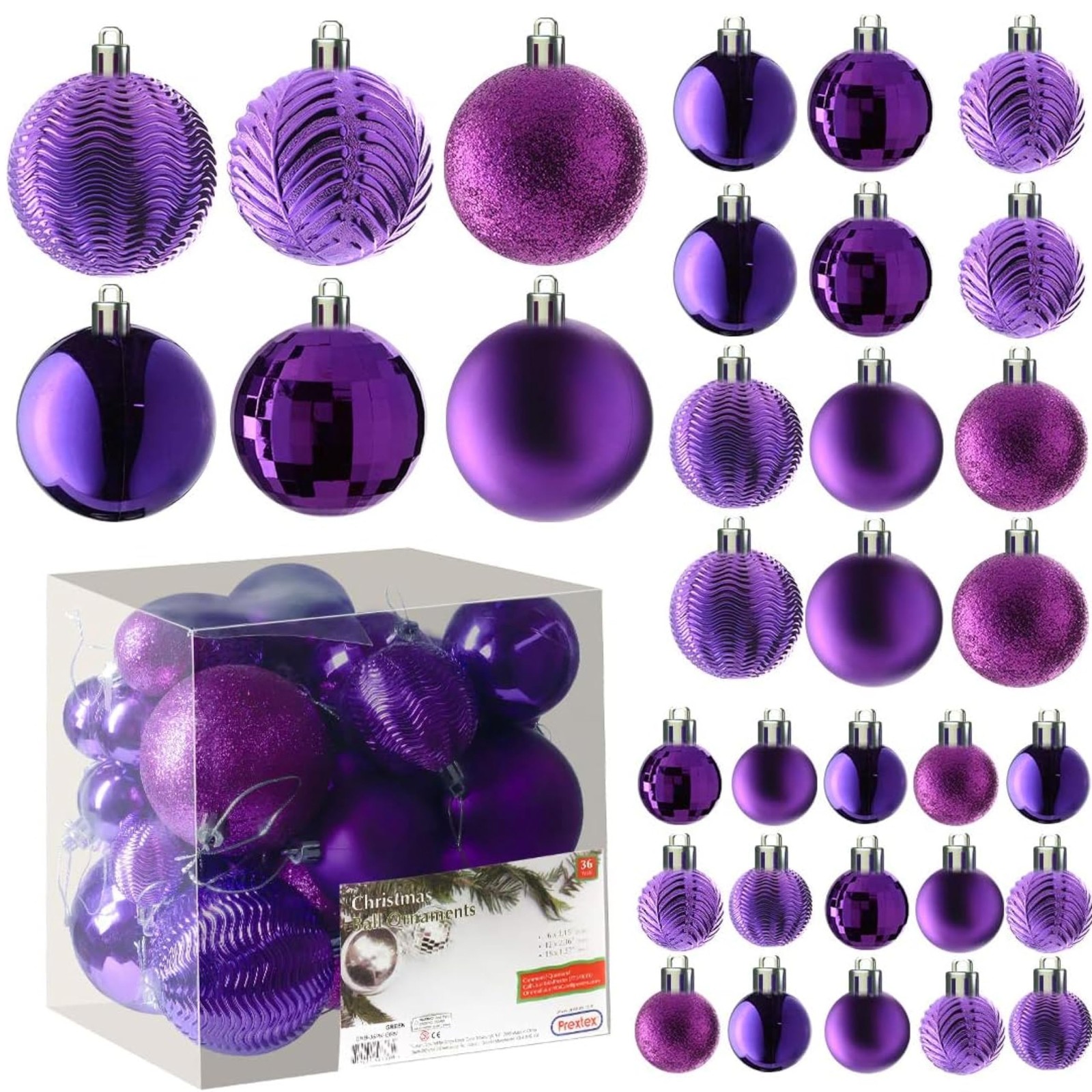 Prextex 36-Piece Purple Shatterproof Christmas Ornaments Set - Festive Decor