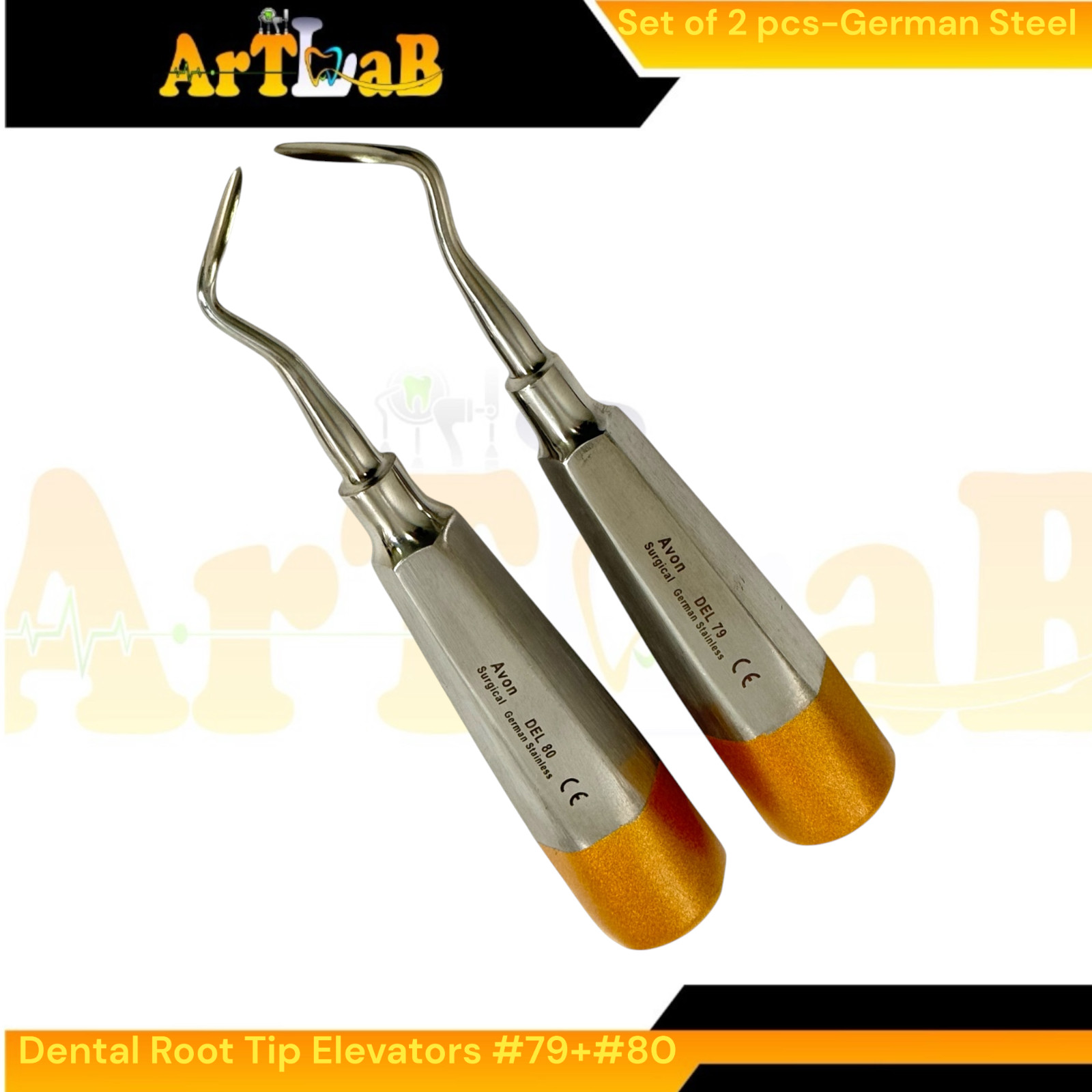Luxating Root Elevator Set with Angled Sharp Tips, #79 & #80, Hollow, Gold (2pk)