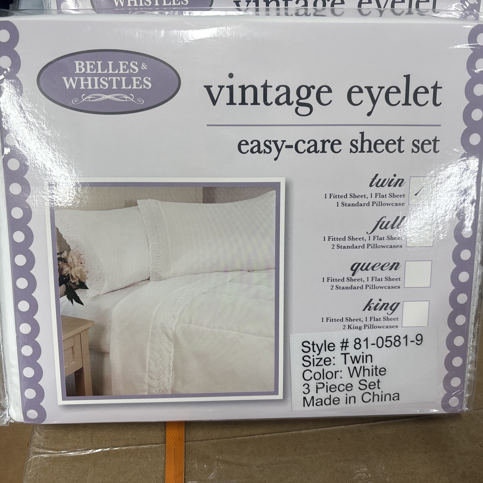 Vintage Eyelet Twin size sheet set pure white BRAND NEW FACTORY SEALED