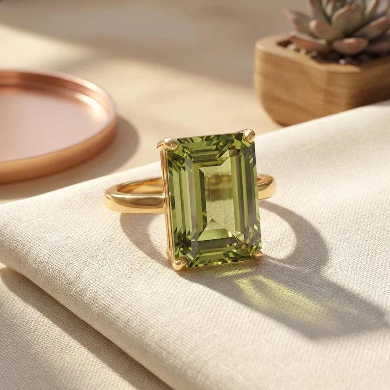 6.00 Ct Emerald Cut Natural Peridot Wedding Ring 14K Solid Yellow Gold