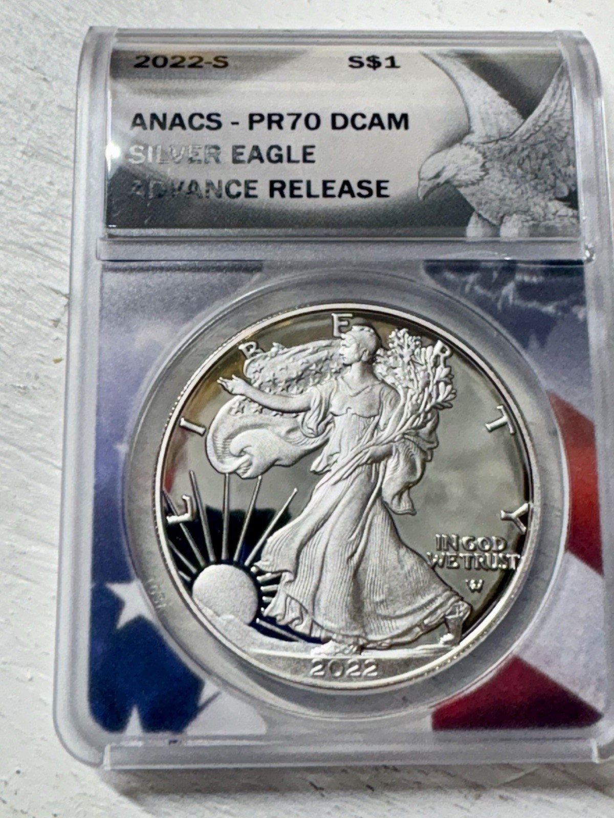 2022-S Proof $1 American Silver Eagle PR70DCAM FS Flag Label