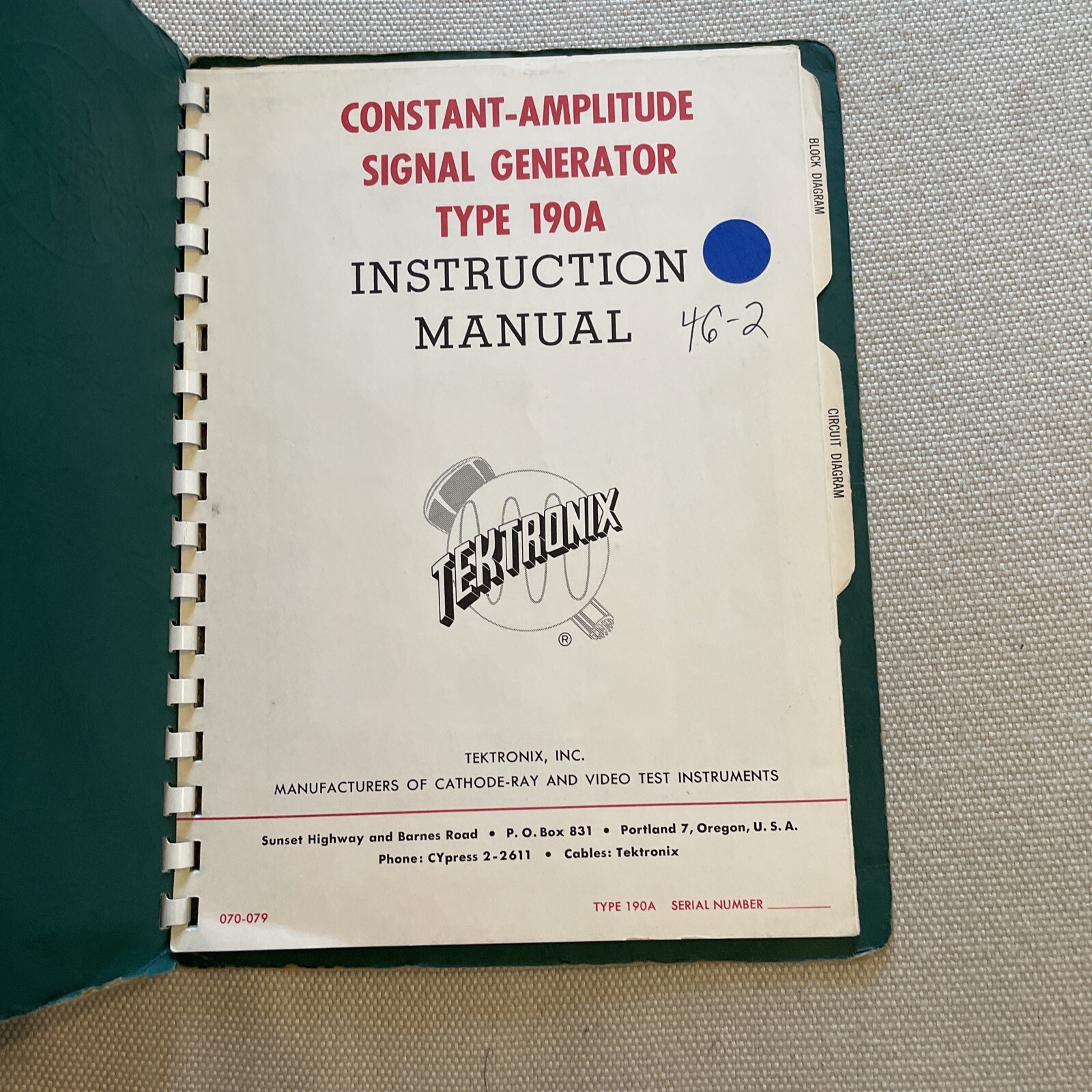 Tektronix Type 190A Signal Generator ~ Instruction Manual ~ 070-079