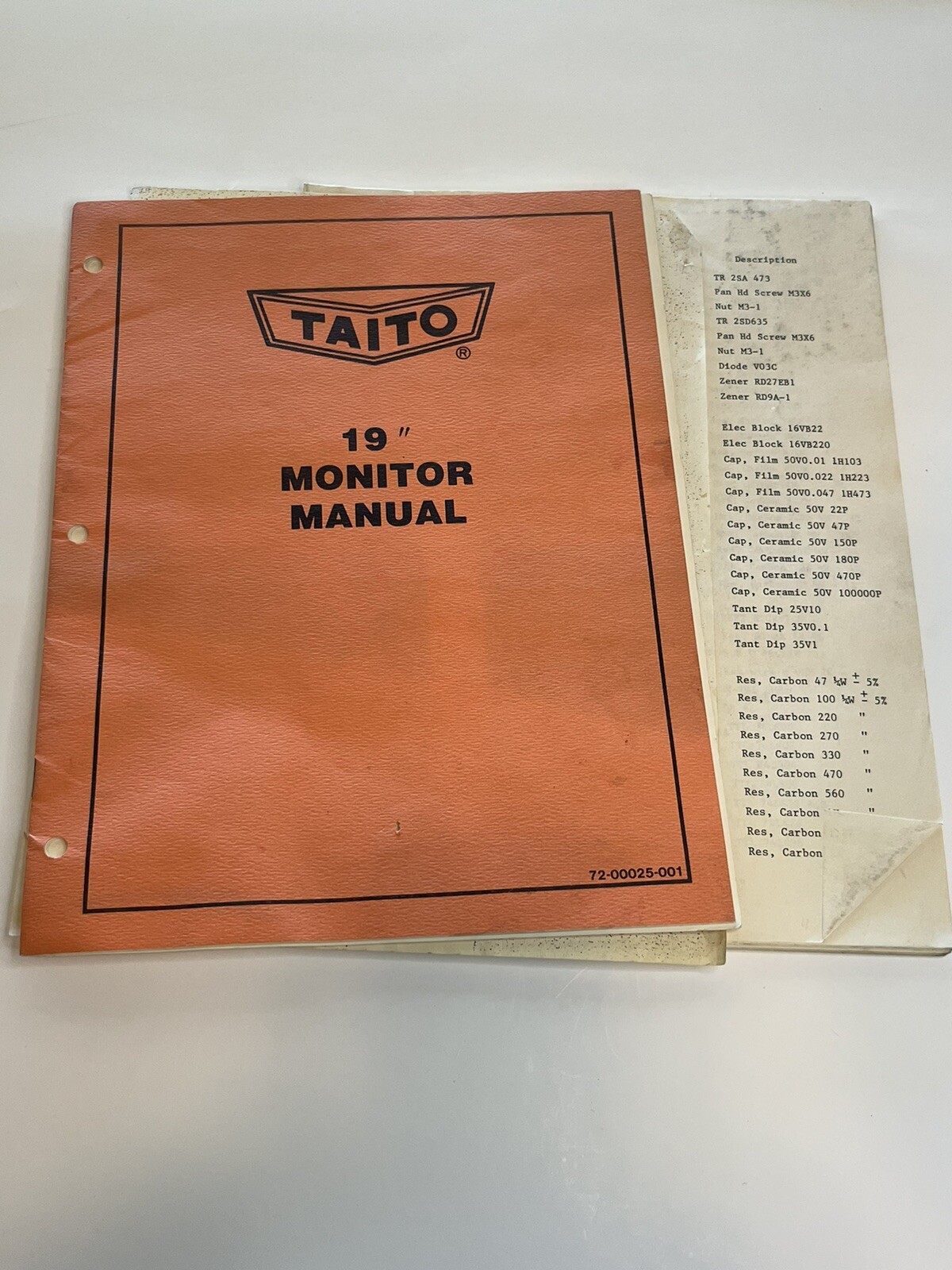 Taito 19” Wells gardener monitor arcade video game manual parts list diagrams M