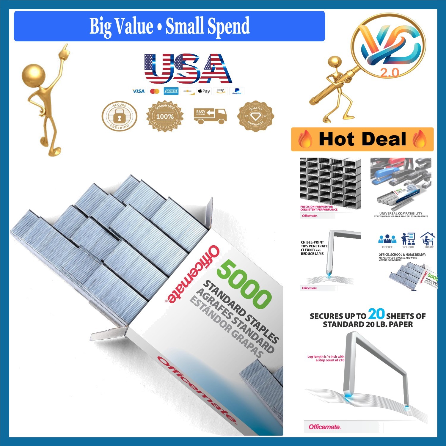 Standard Chisel Point Staples 5000 Count for Office Paper, Silver
