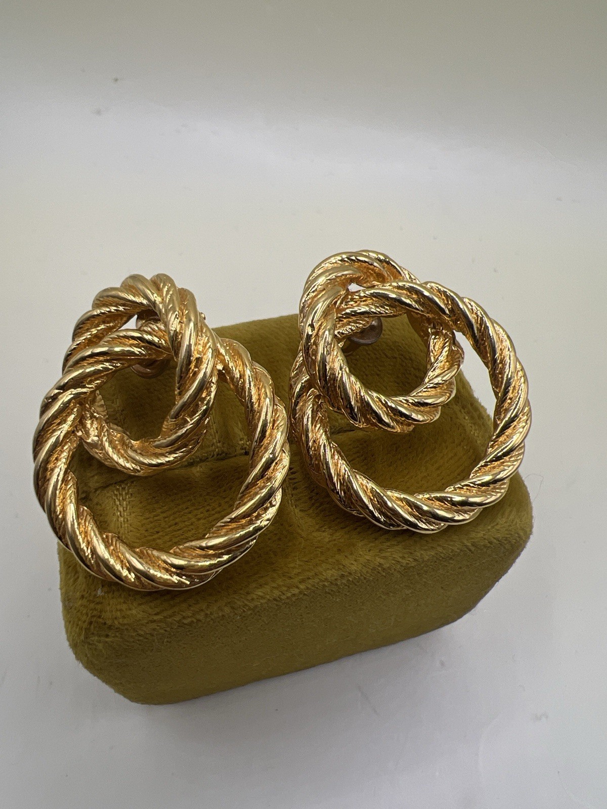 Vintage AFJ Gold Tone Rope Twist Double Circle Earrings 80s Statement