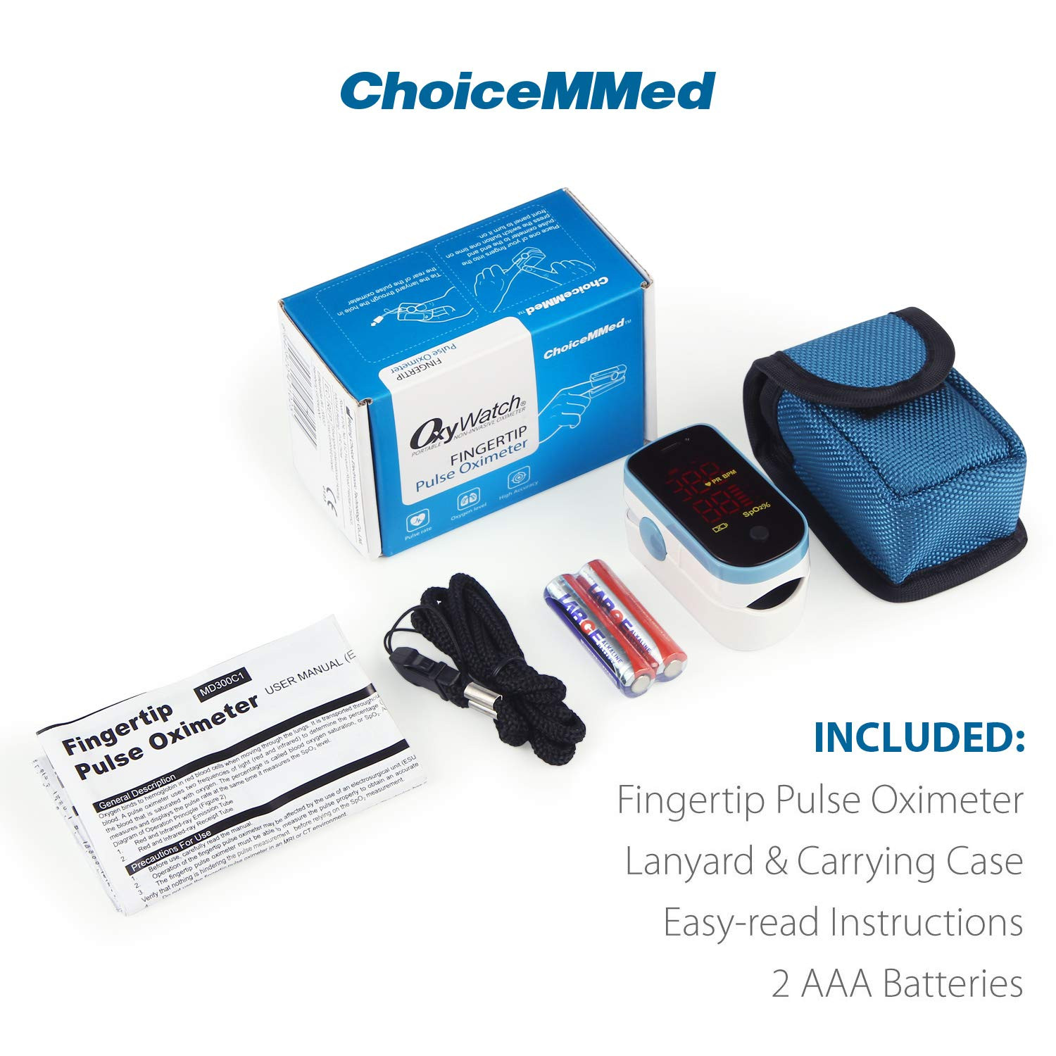 CHOICEMMED Finger Pulse Oximeter - Blue Blood Oxygen Monitor with Batteries - Po