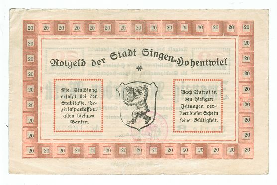 GERMANY BANKNOTE 20 BILLION MARK STADT SINGEN=HOHENTWIEL 1923