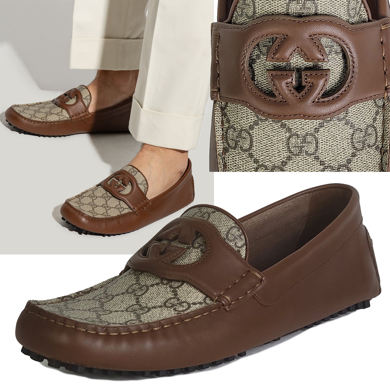 GUCCI SHOES  G LOGO SUPREME BROWN LEATHER LOAFERS MOCCASINS $770 sz 9.5 US 10