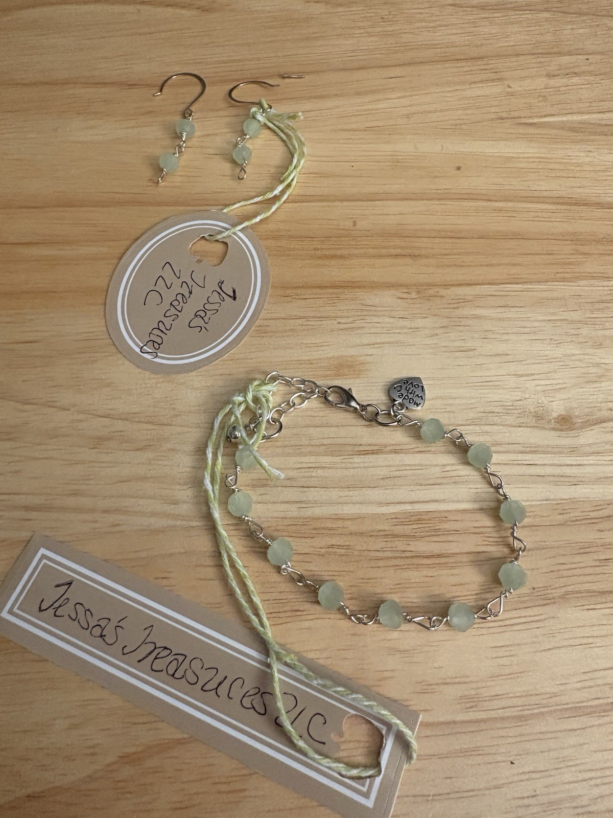 New 6-8” Light Green Glass Bracelet & Earrings Dangle By Tessa’s Treasures LLC