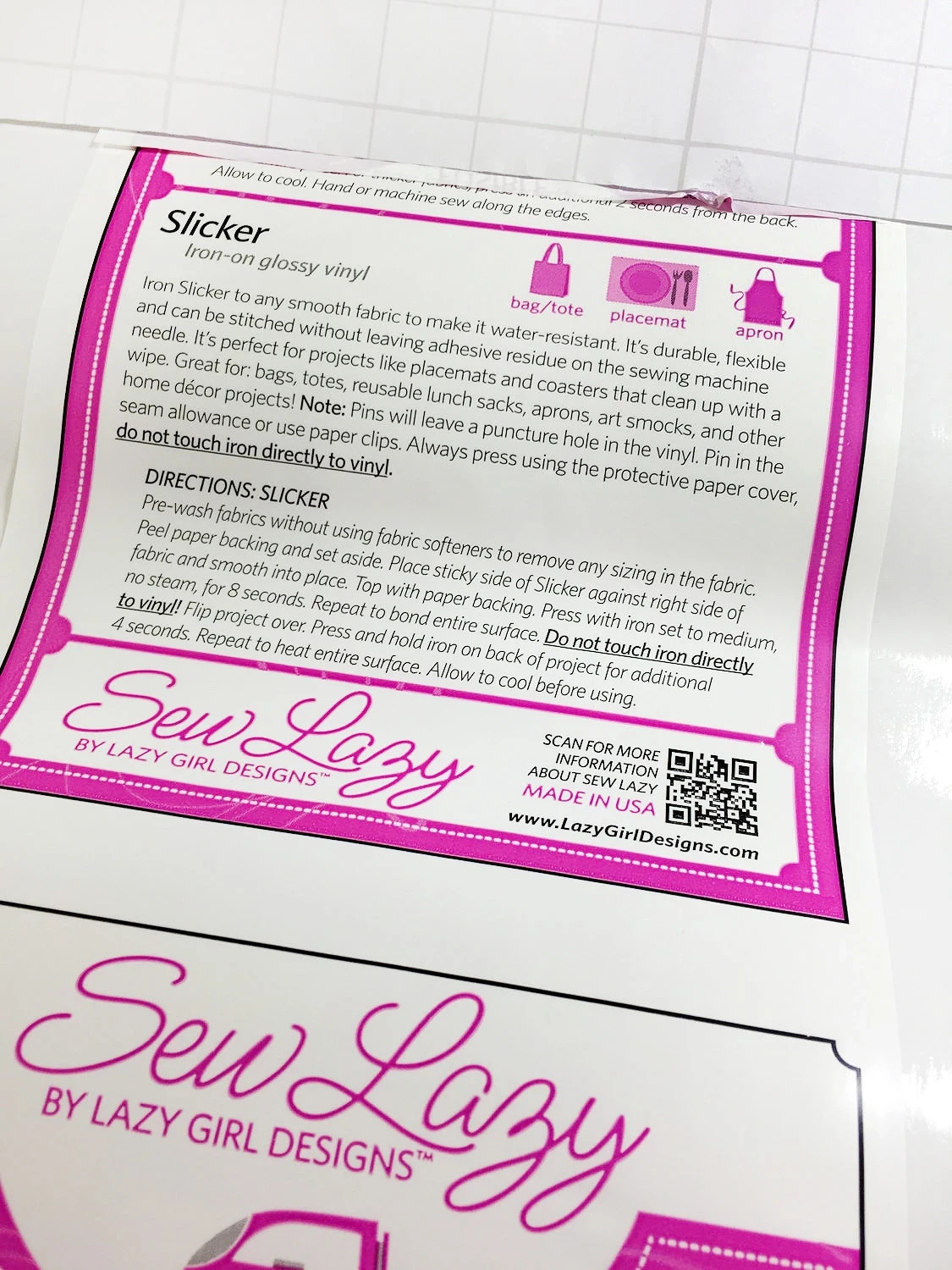 Sew Lazy SLICKER IRON-ON GLOSSY VINYL Roll 17" x 36" Laminate Fabric or Paper