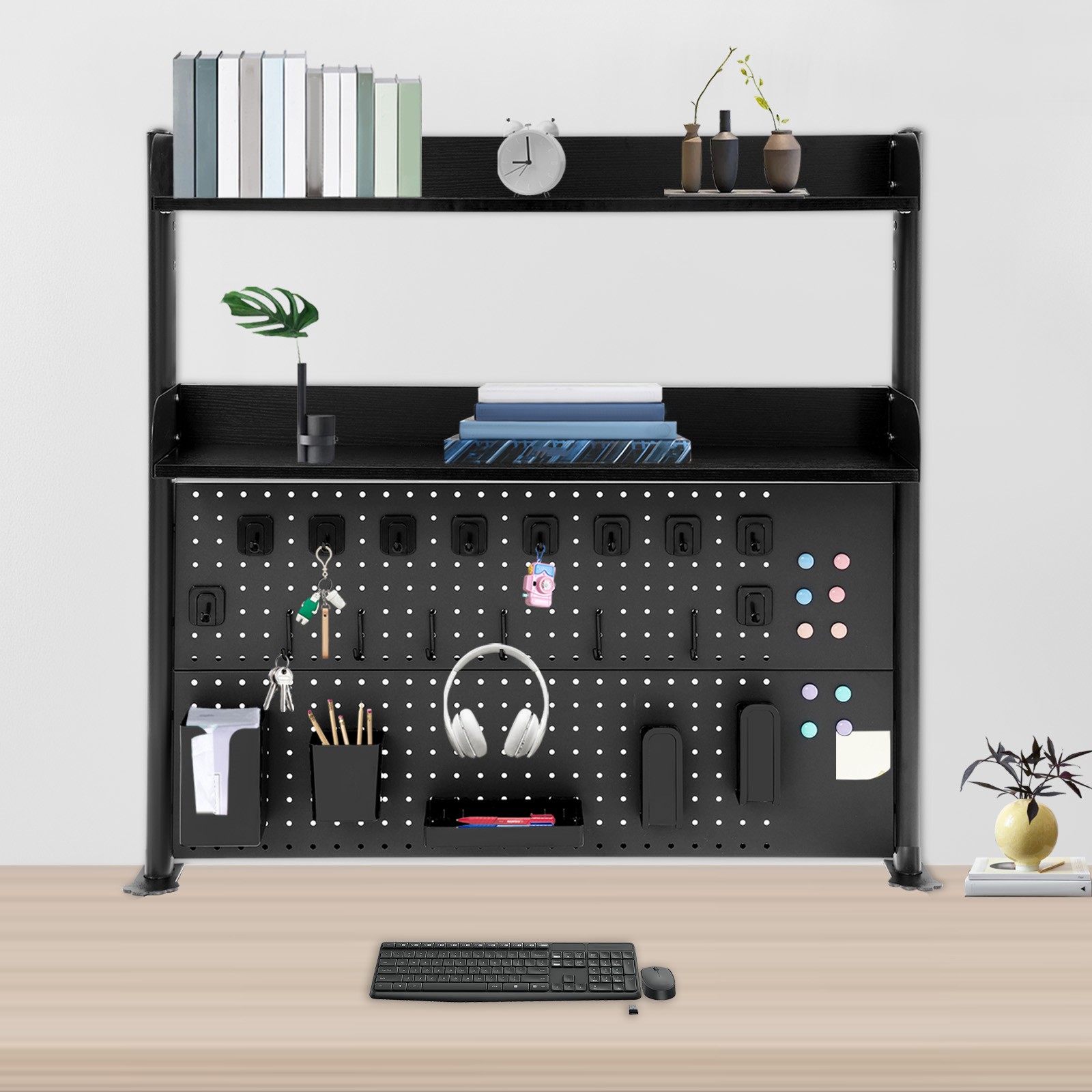 Premium Black Desktop Bookshelf with Adjustable Shelves & Pegboard Organizer
