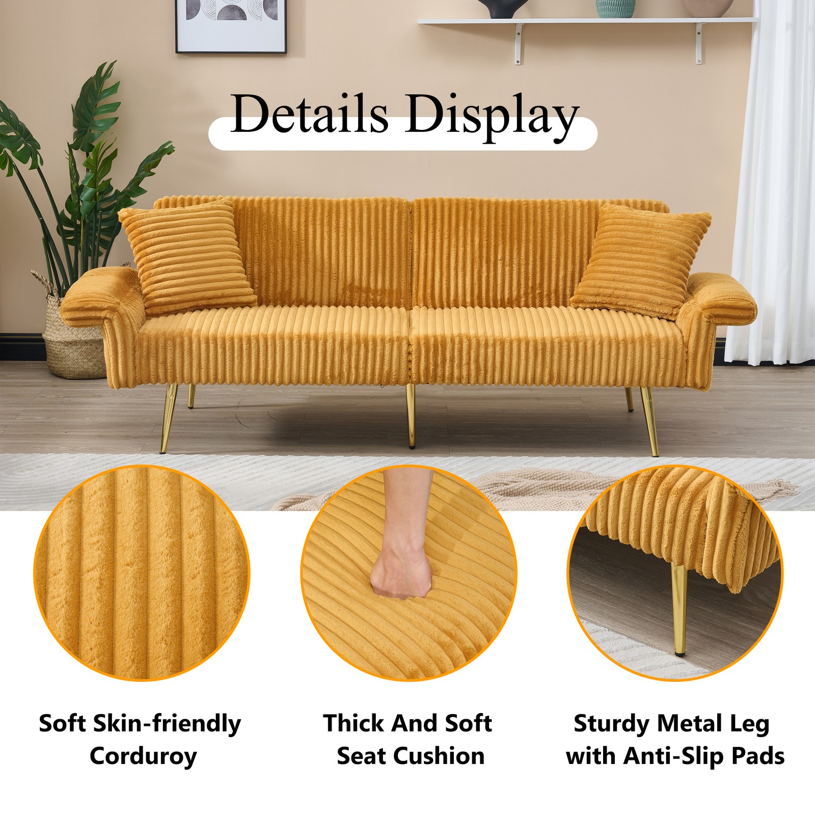79 inch corduroy sofa bed, foldable double sofa bed with folding armrests, sui