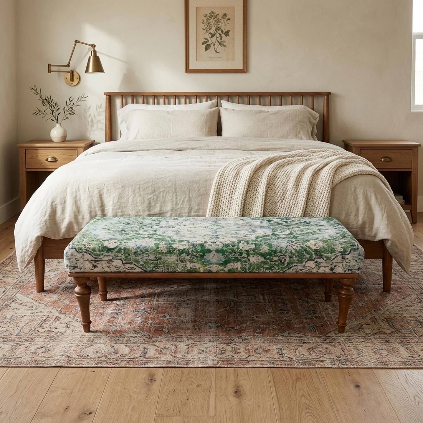 Ottoman Bench Handmade Printed Rug Hornbeam Wood Upholstered Footstool