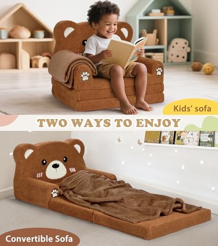 Kids Couch, 2-in-1 Soft Toddler Couch Fold Out with Blanket, Chair Comfy, Bear