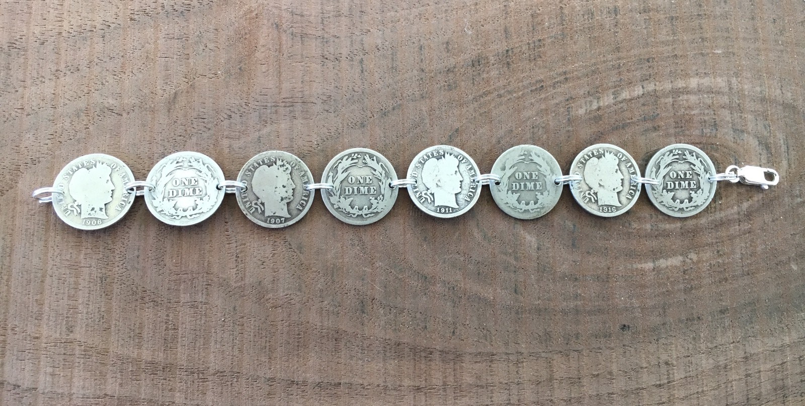Barber DIME Coin Jewelry BRACELET 7.5" 90% Silver With .925 Links! Obv/Rev