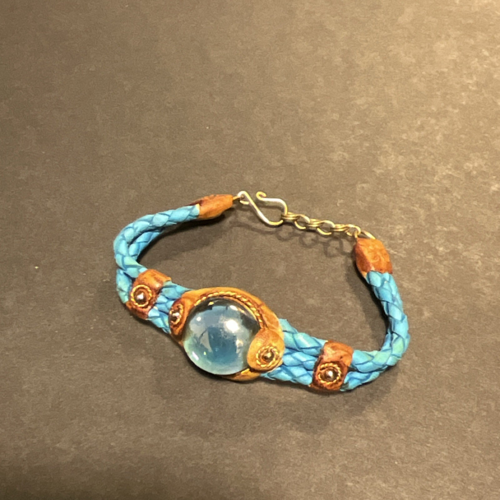 Blue Braided Leather Bracelet with Round Stone, Adjustable Hook Closure