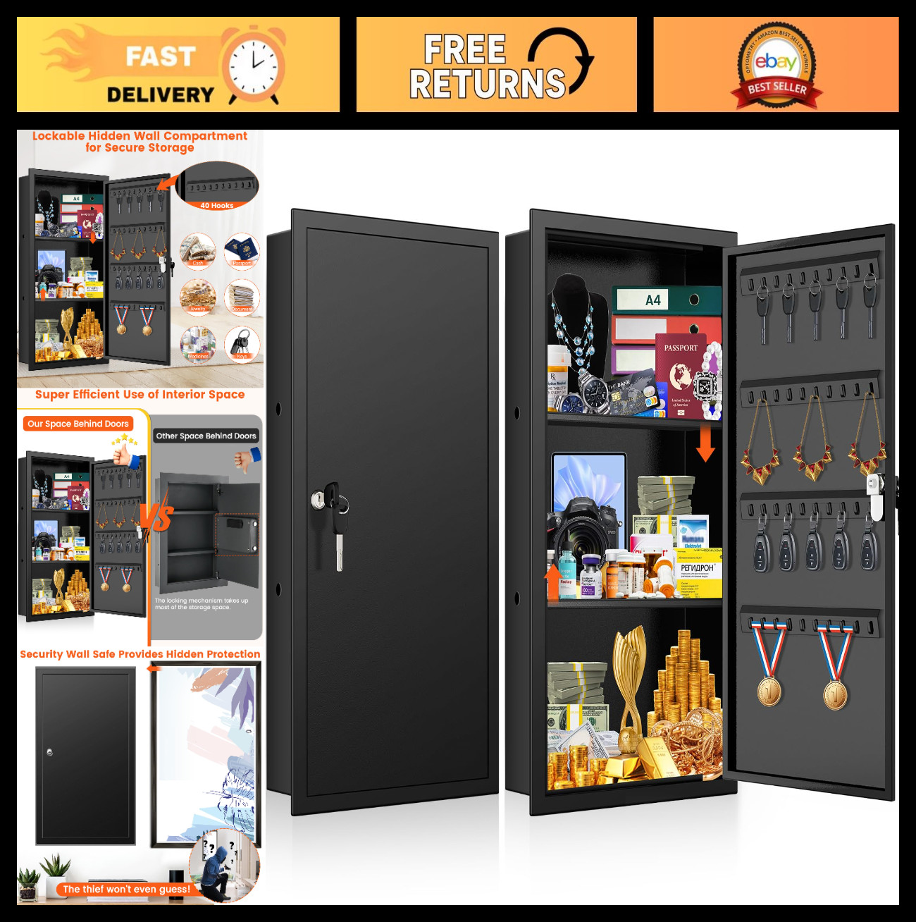 25.6" Tall In-Wall Safe, Lockable Hidden Wall Safe with 2 Shelves & Hooks, Large