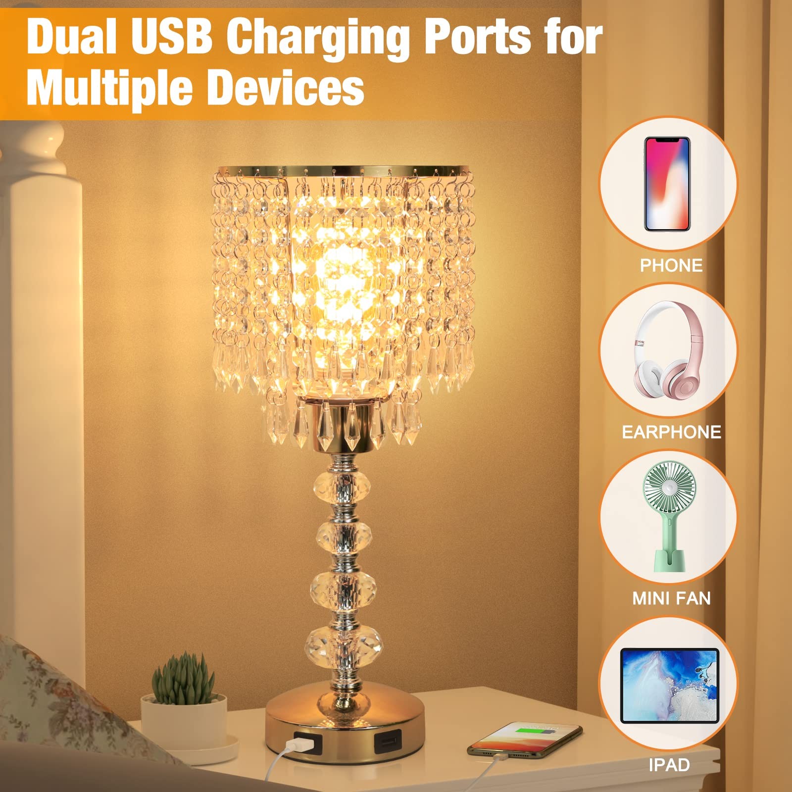 Acaxin Crystal Table Bedside Lamp Touch Control, 3-Way Medium-g, C:Gold