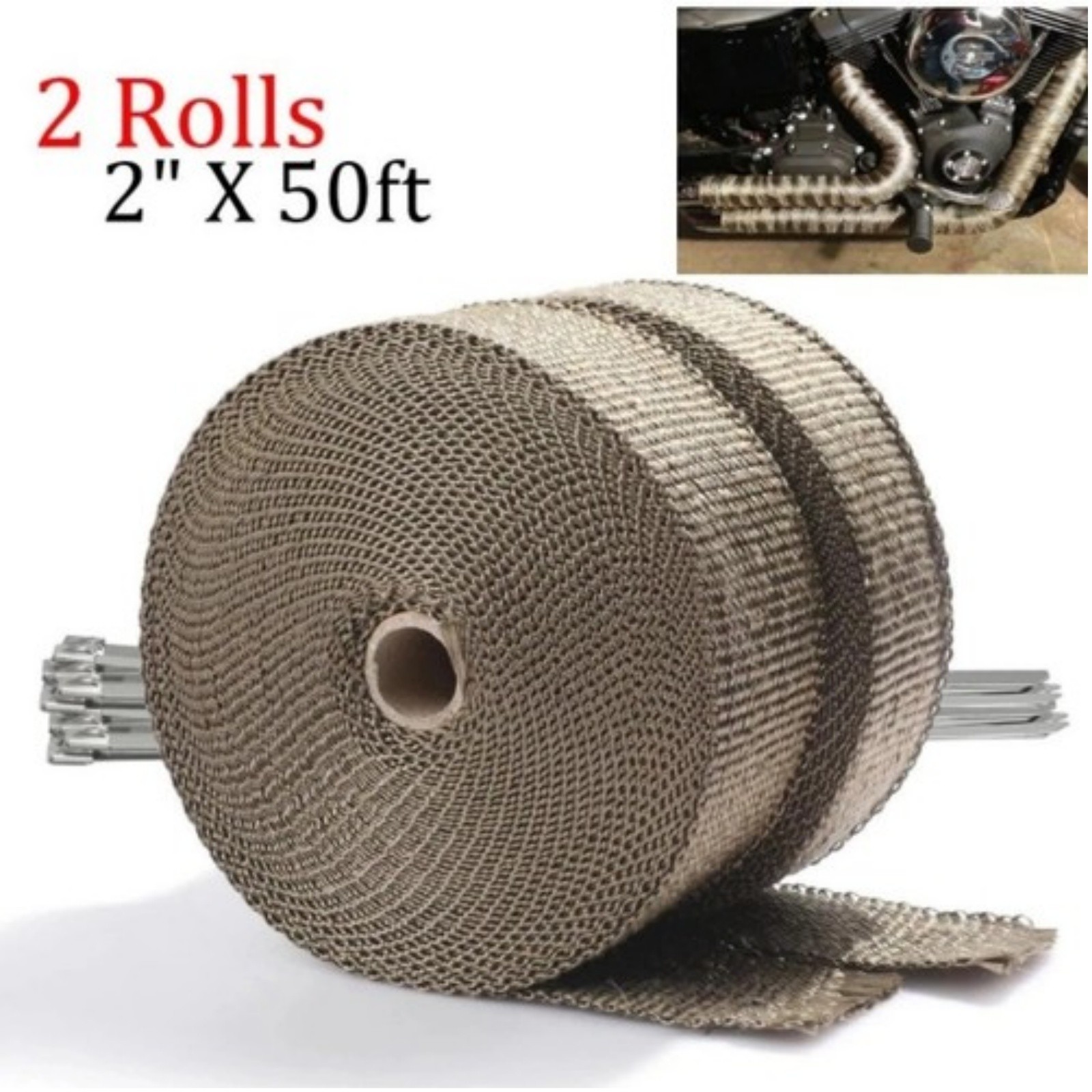 2" x50ft Roll Titanium Header Turbo Pipe Manifold Exhaust Heat Wrap Tape 20 Ties