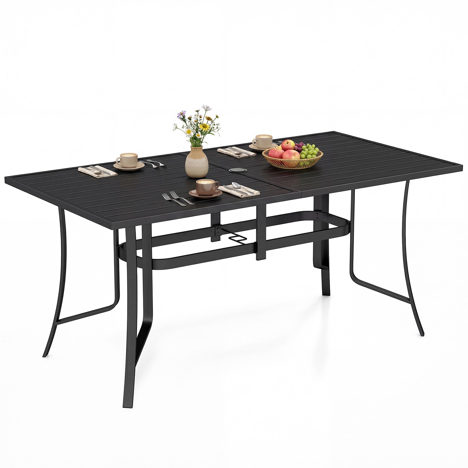 Patio Dining Table 63” x 33” Rectangle Metal Slat Table w/Umbrella Hole for Lawn