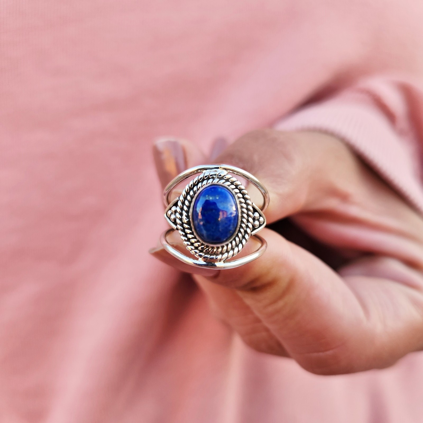 Genuine Lapis Lazuli Ring 925 Sterling Silver Statement Ring Lapis Gemstone Ring