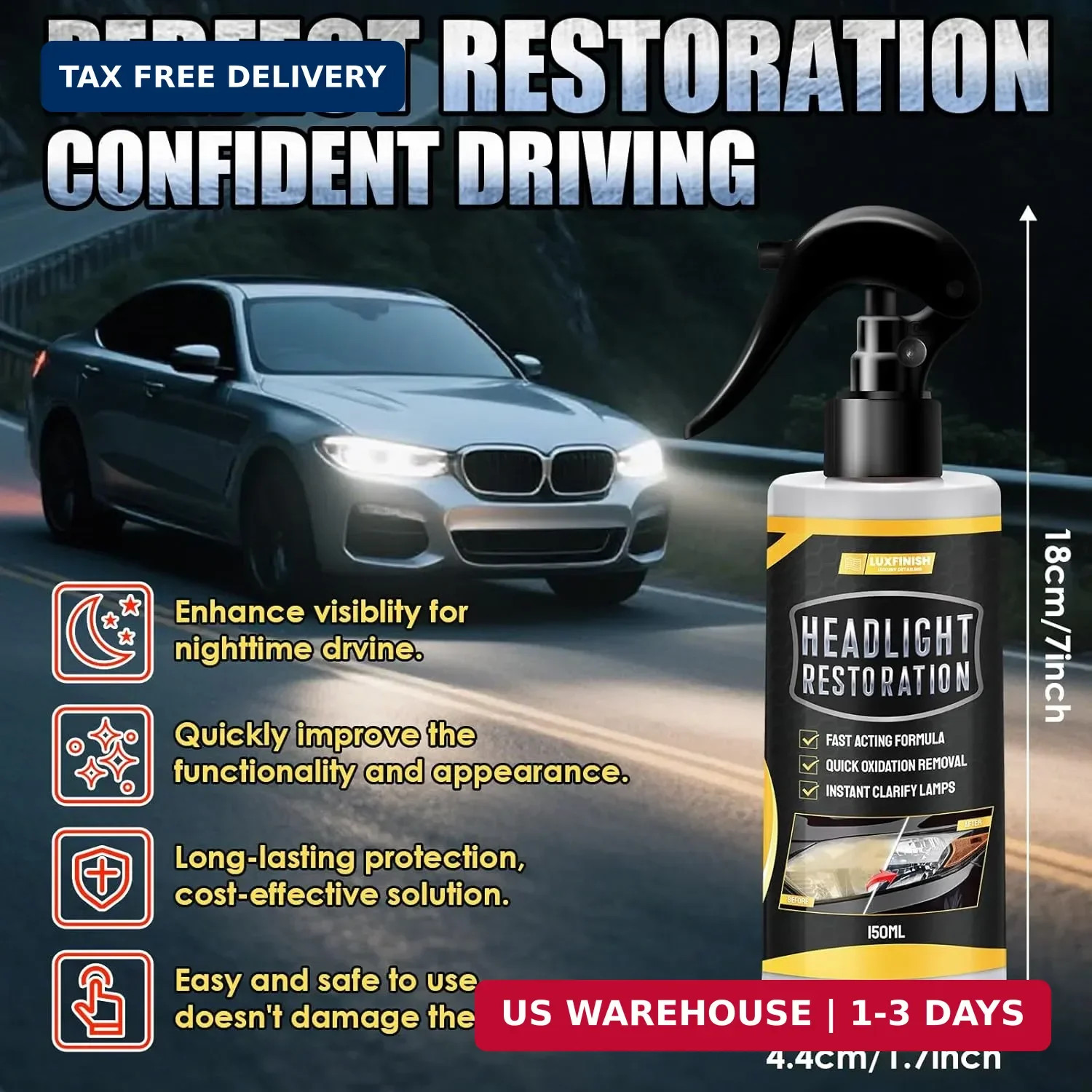 Headlight Restoration Kit, Instantly Restores Yellowing, Oxidation and Cloudy, B