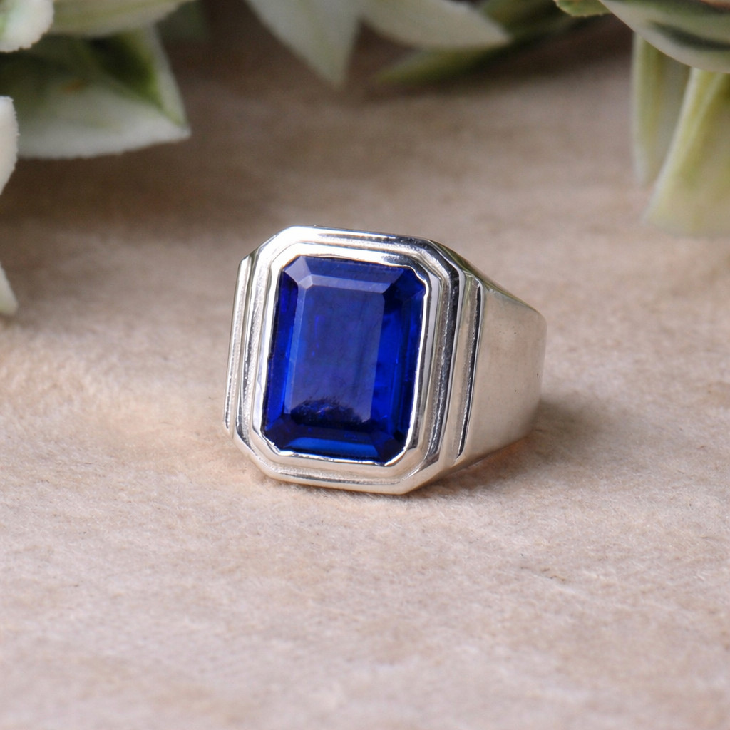 Natural Sapphire Gemstone Ring, 925 Sterling Silver Ring, Statement Men's Ring