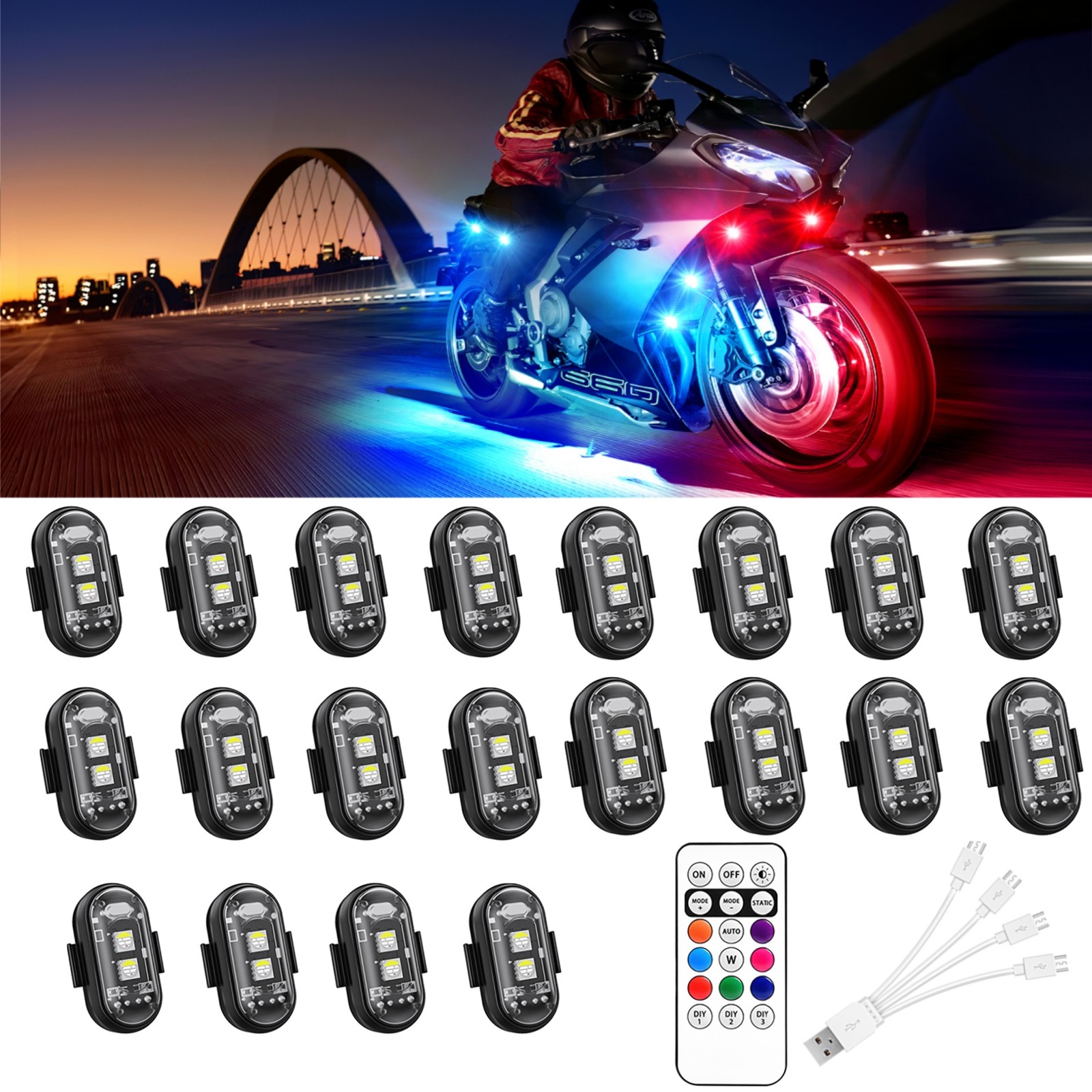 20pcs Wireless LED Strobe Lights USB Rechargeable Anti-Collision Lamps, 8 Colors