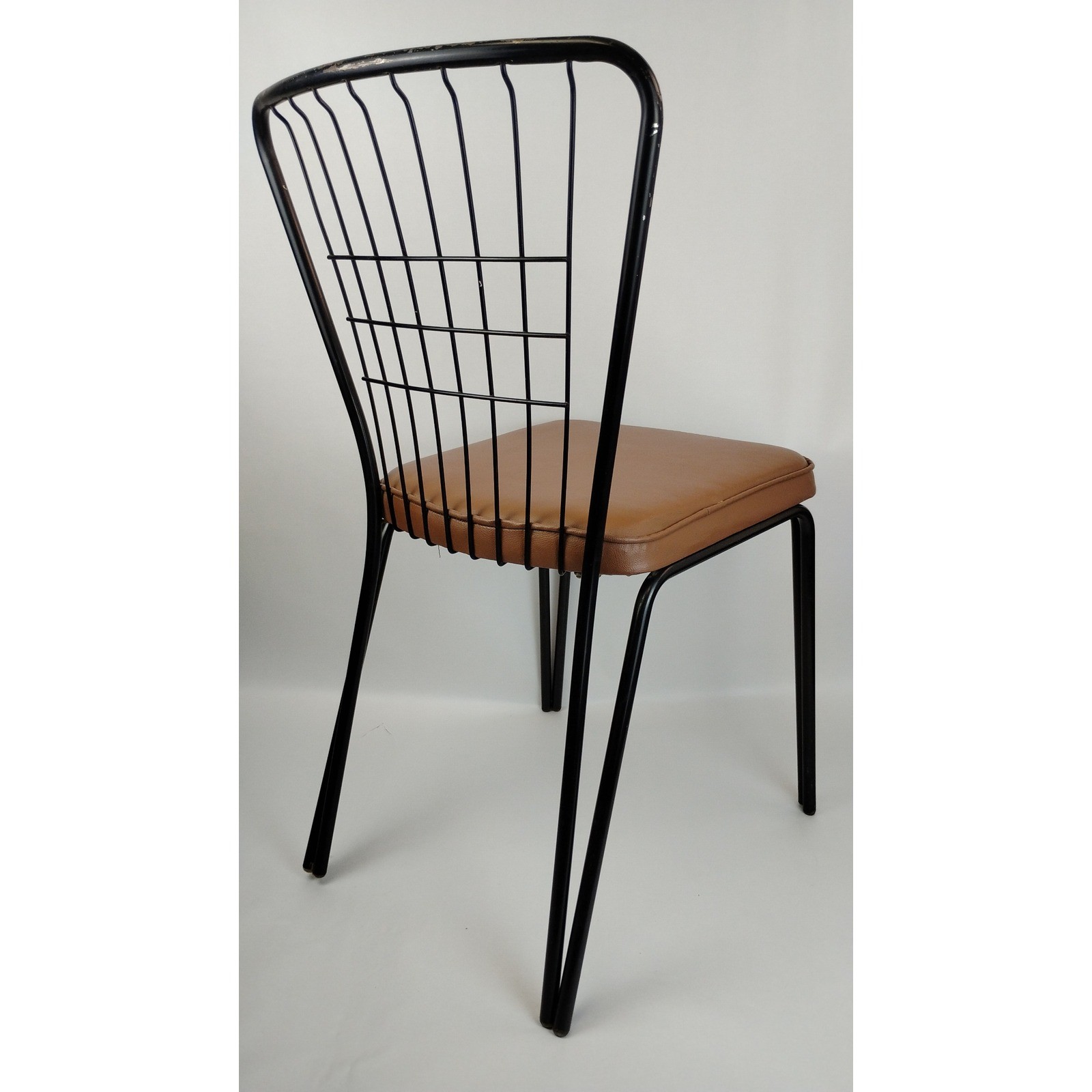 Daystrom 1970s Wrought Iron Wire Mesh Dining Chair Tan Vinyl Seat