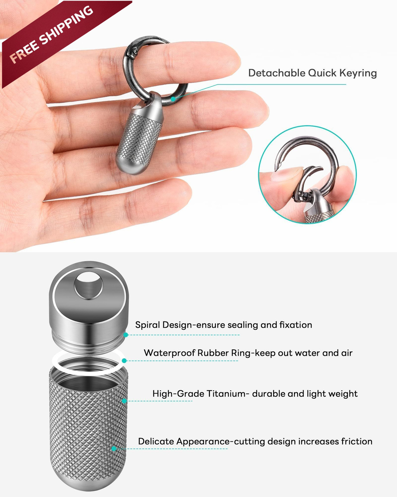 TISUR Titanium Keychain Pill Holder Tiny-0.39 Inch 1 Compartment, Silver