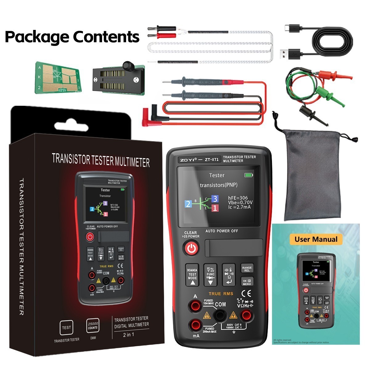 ZT-XT1 2-in-1 Handheld High Precision Digital Multimeter w Transistor Tester,Vol