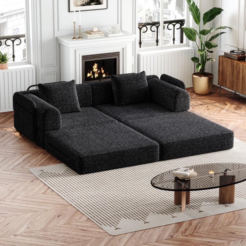 72.4" Convertible Sofa Bed w/ Storage Pockets, Black Chenille Fabric