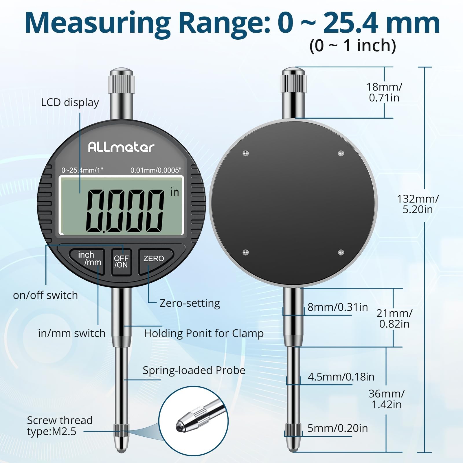 Digital Dial Indicator DTI,0-1in Range,0.0005in/0.01mm Resolution,LCD