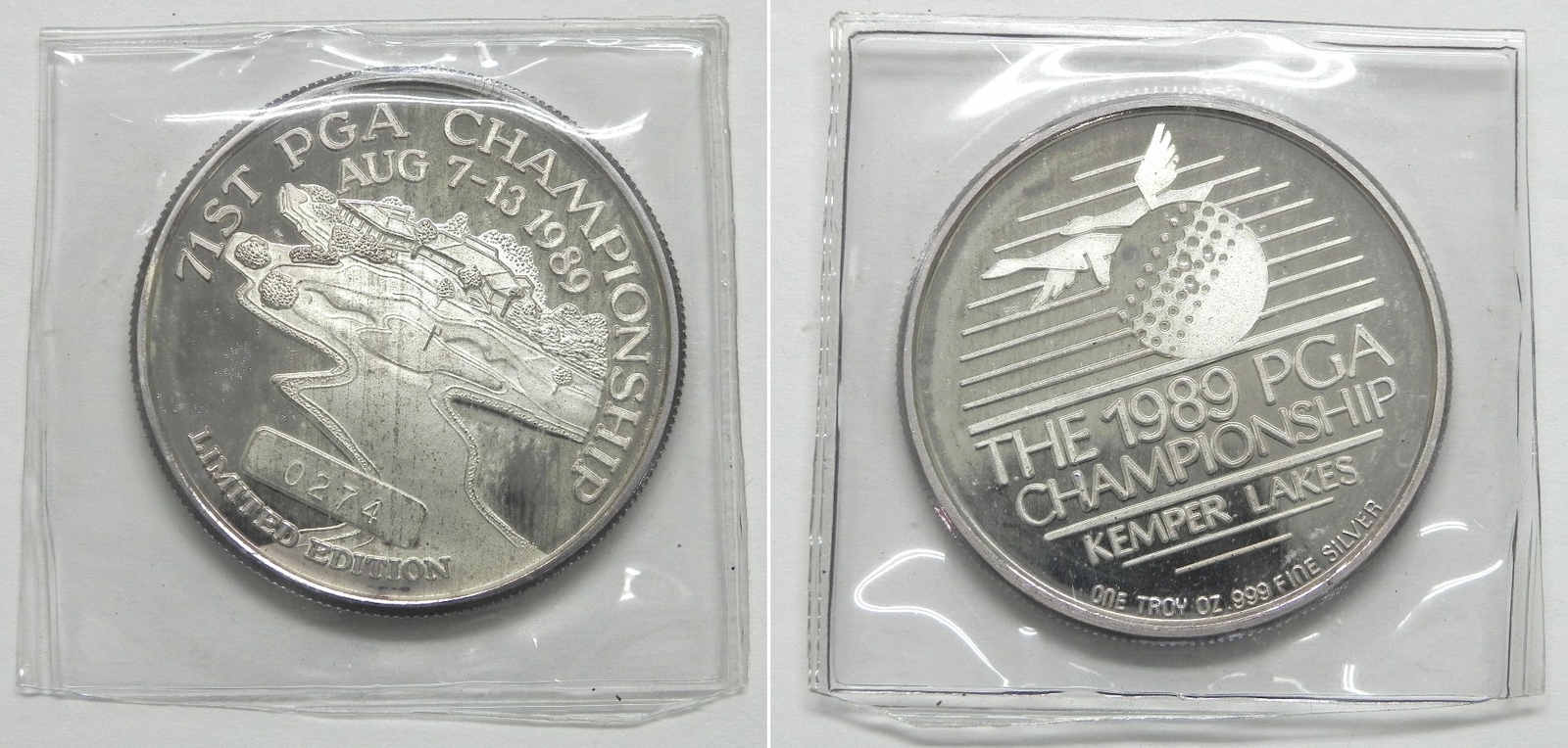 X2291 RARE 71st PGA Championship Kemper Lakes 1989 1oz .999 Silver Coin #0274