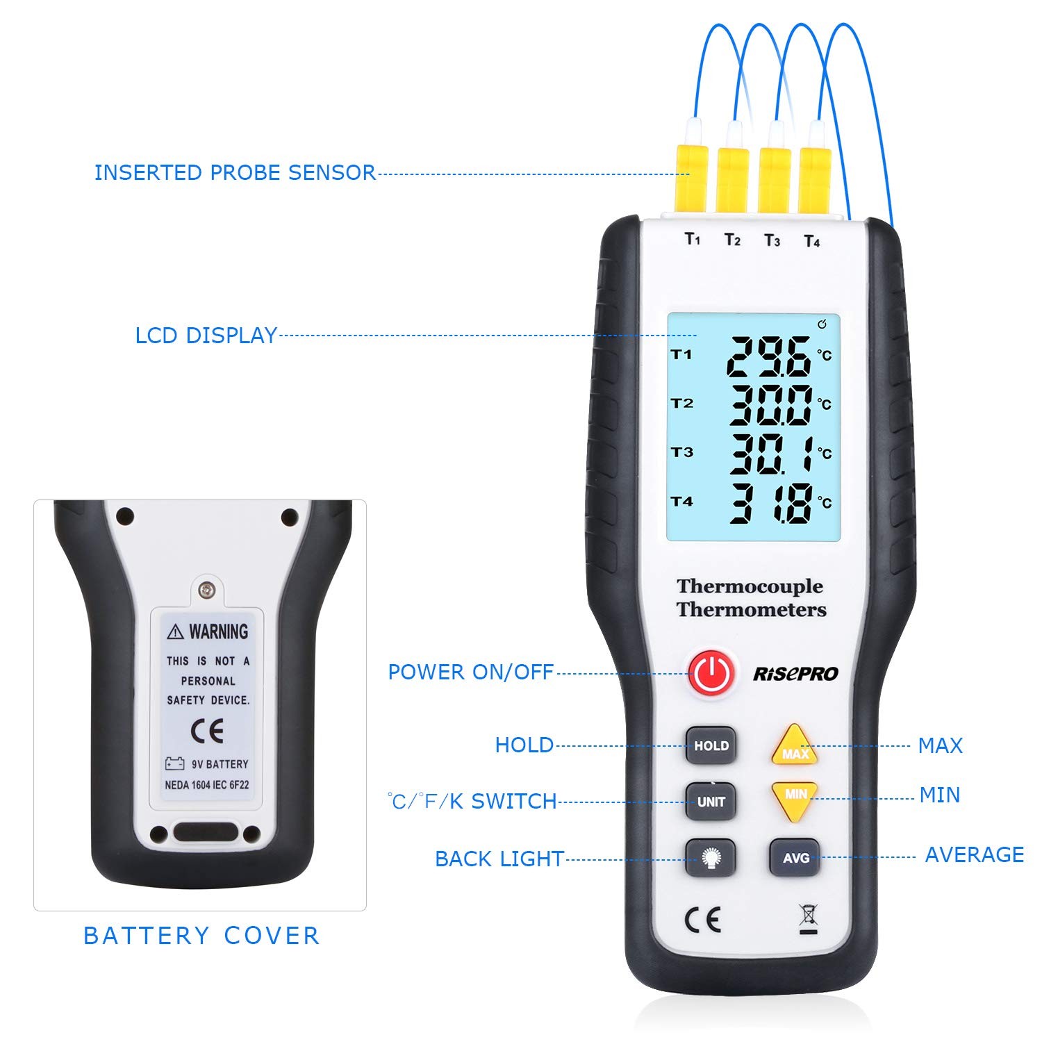 Thermocouple Thermometer, RISEPRO 4 Channel K Type Digital Thermometer White