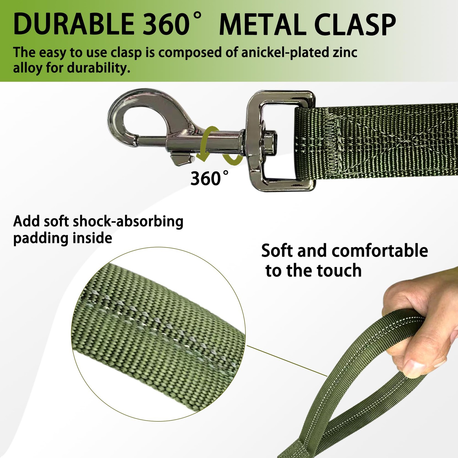 Reflective Heavy-Duty Dog Leash Adjustable 45 ft Shock-Absorbing Handle Green