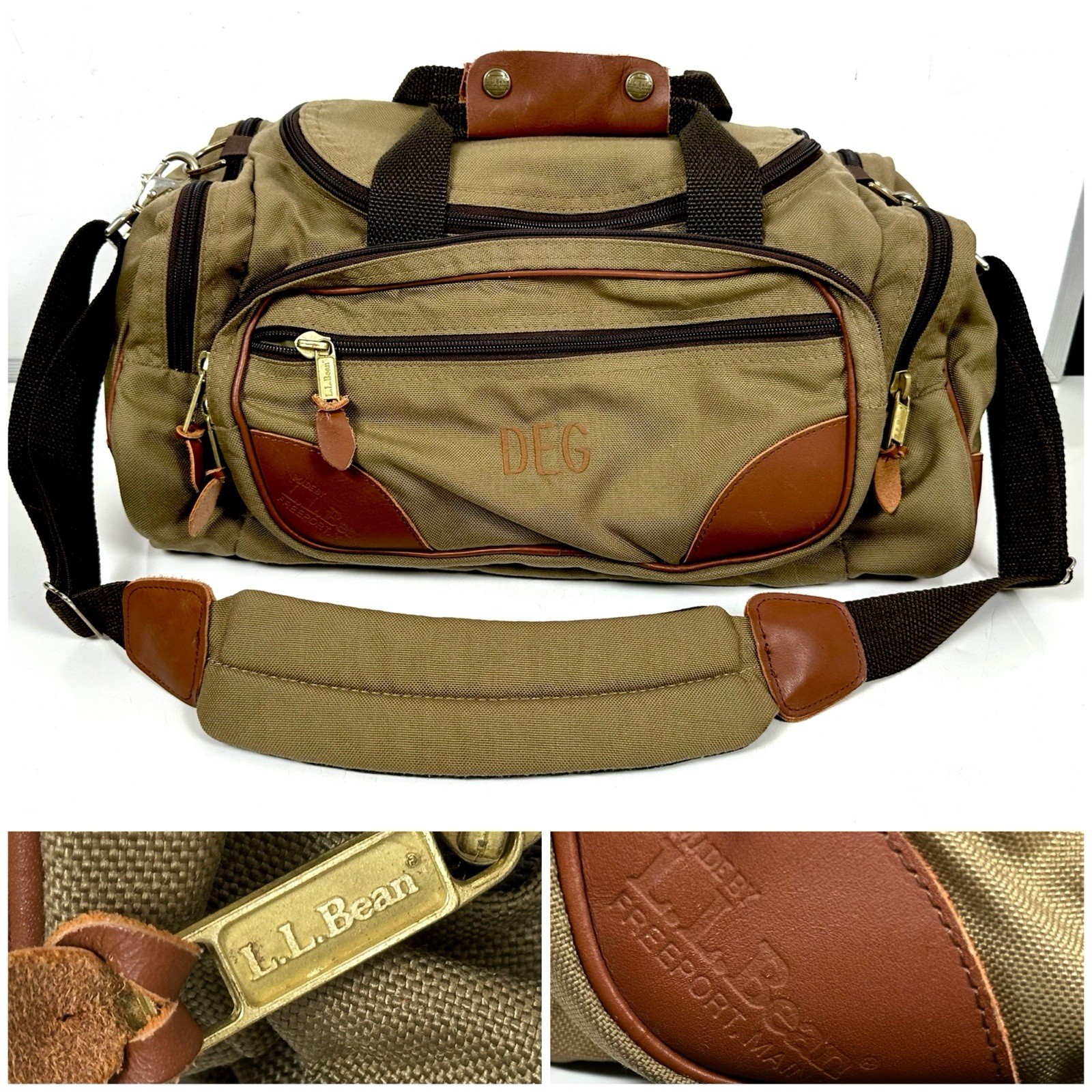 Vintage LL Bean Tan Weekender Duffle Bag (Med) Canvas Leather Travel Made In USA