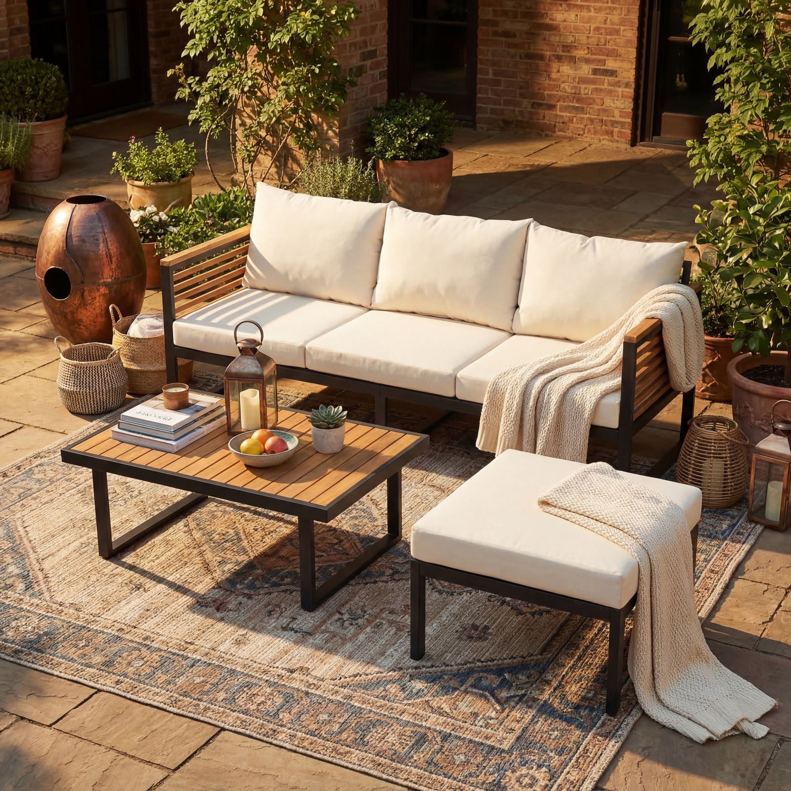 3-Piece Acacia Wood Outdoor Patio Sofa Set with Steel Frame & Waterproof Fab