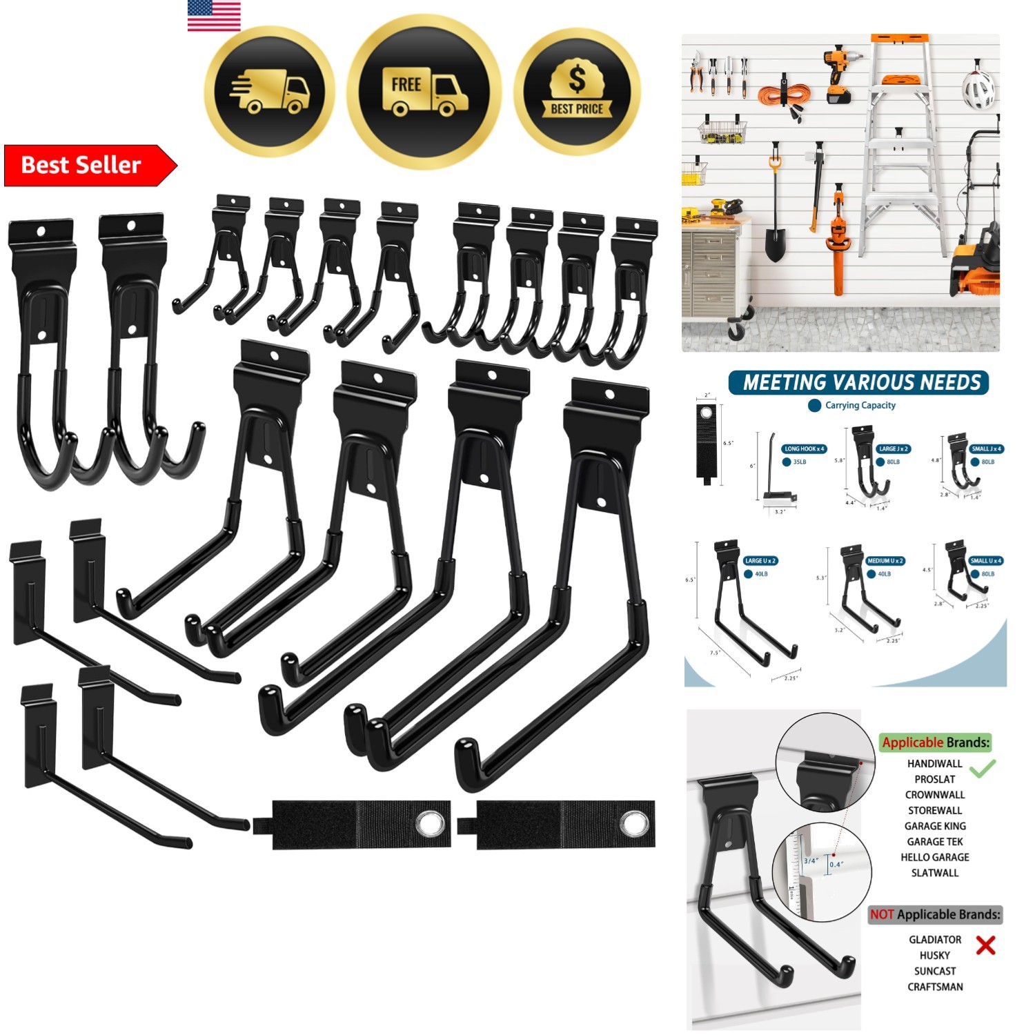 Slatwall Hooks Black 20 Pack Garage Wall Organizer Heavy Duty Durable Accesso...