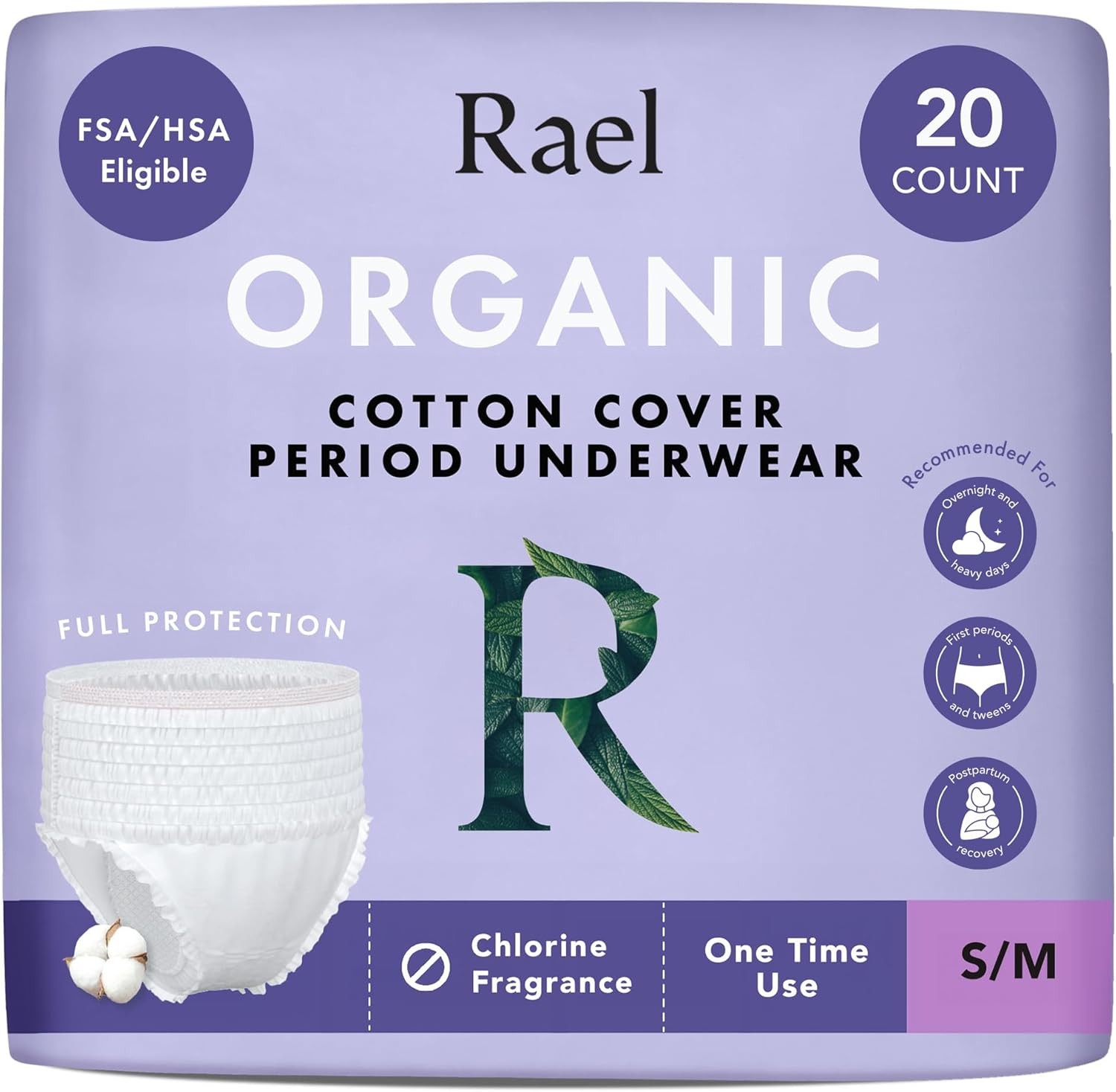 Rael Disposable - Size S-M, 20 CT - Underwear for Women, Organic Cotton Cover