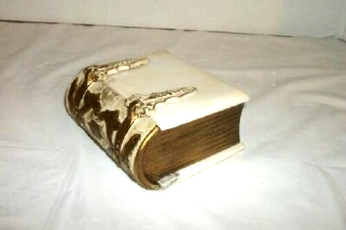 Art Deco Marble Book Shaped Box Cigarette Trinket Ornate Metal White Gold 1920s