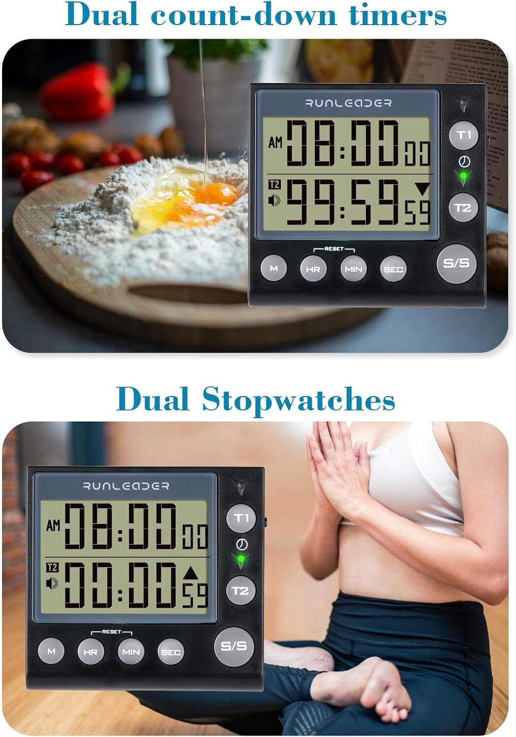 Digital Kitchen Dual Timers Clock Count-up/Count Down for Cooking Bakery Buzzer