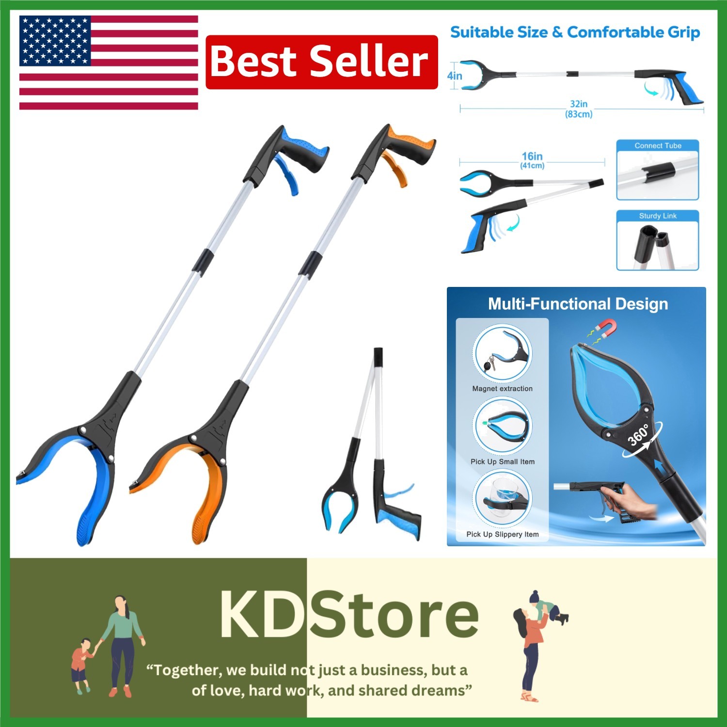 32” Extra Long Gripper with 360° Swivel - Lightweight Grabber Set (Blue+Orange)
