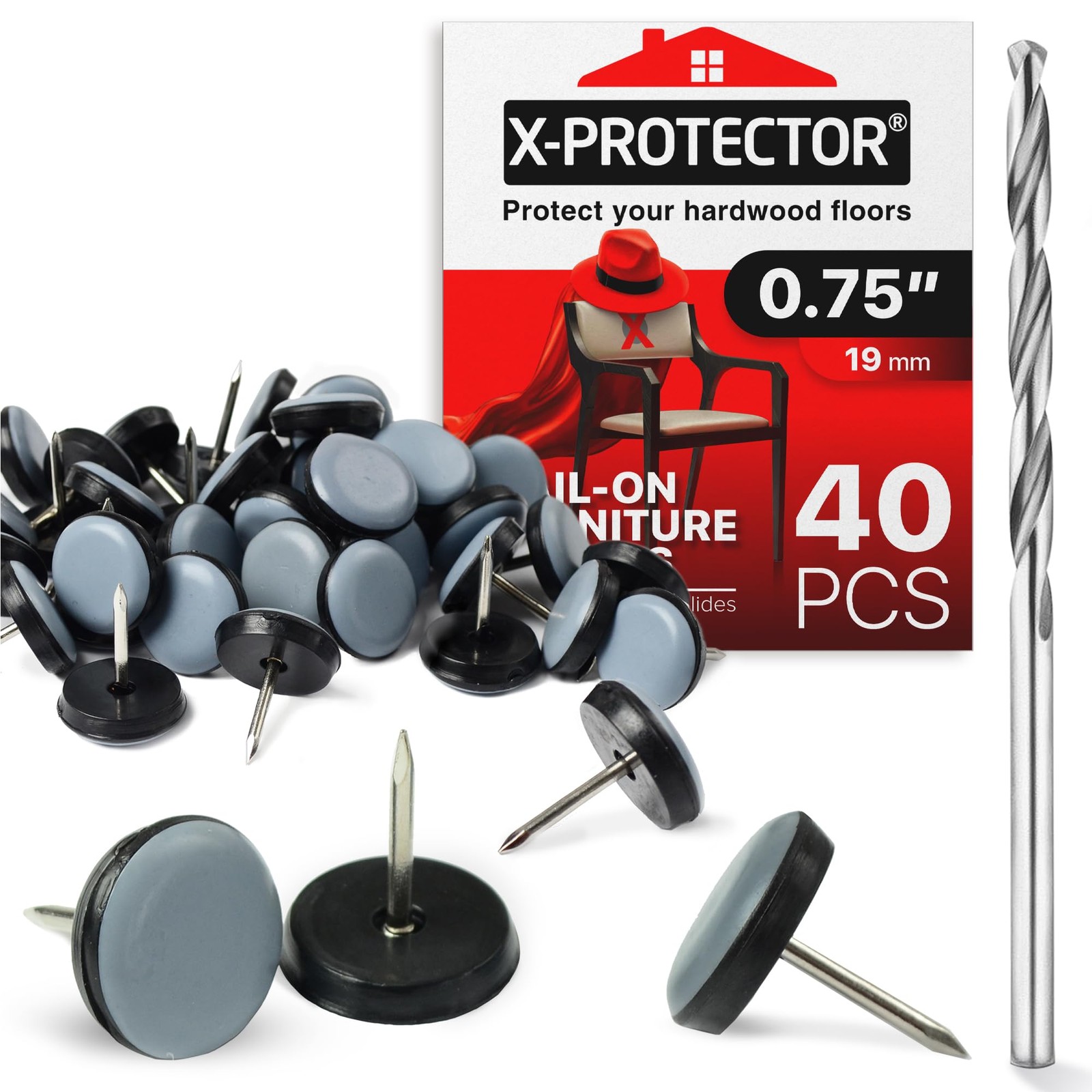 Chair Glides X-PROTECTOR – 0.75" Furniture 40 40 PCS Grey, Grey