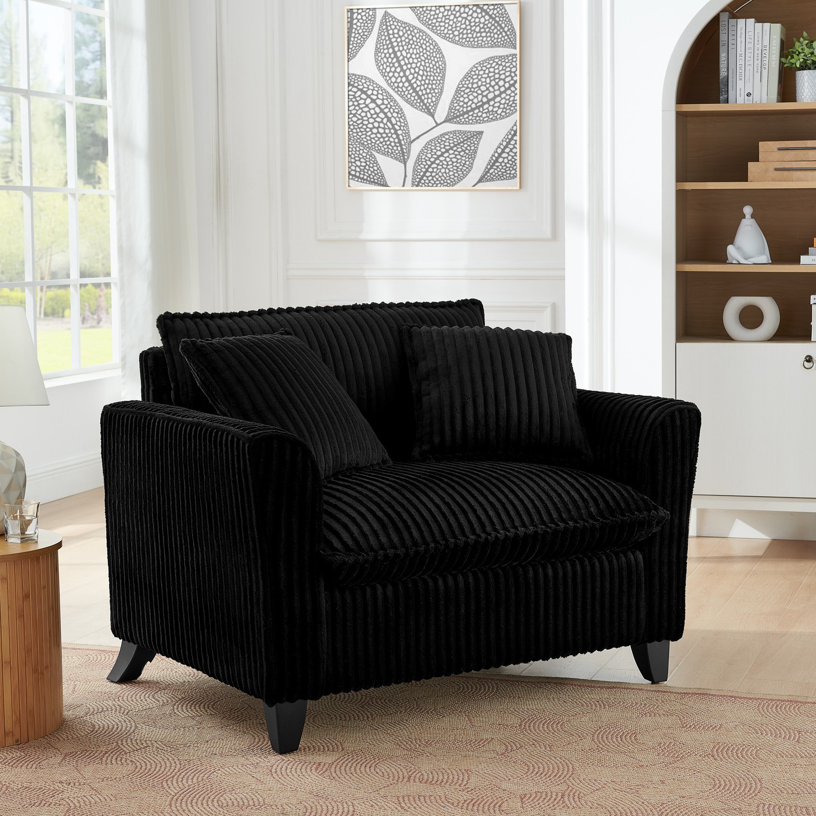 Corduroy Tufted Single Sofa Chair with Backrest & Cushion - Black
