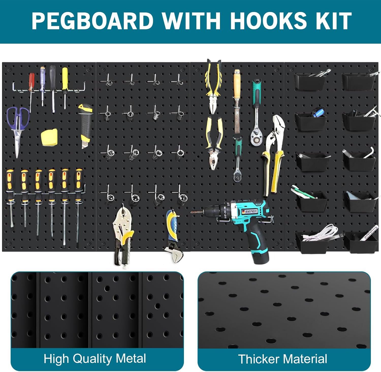 158PCS Metal Pegboard Kit with Hooks for Wall Garage Tools Pegboard Storage Syst
