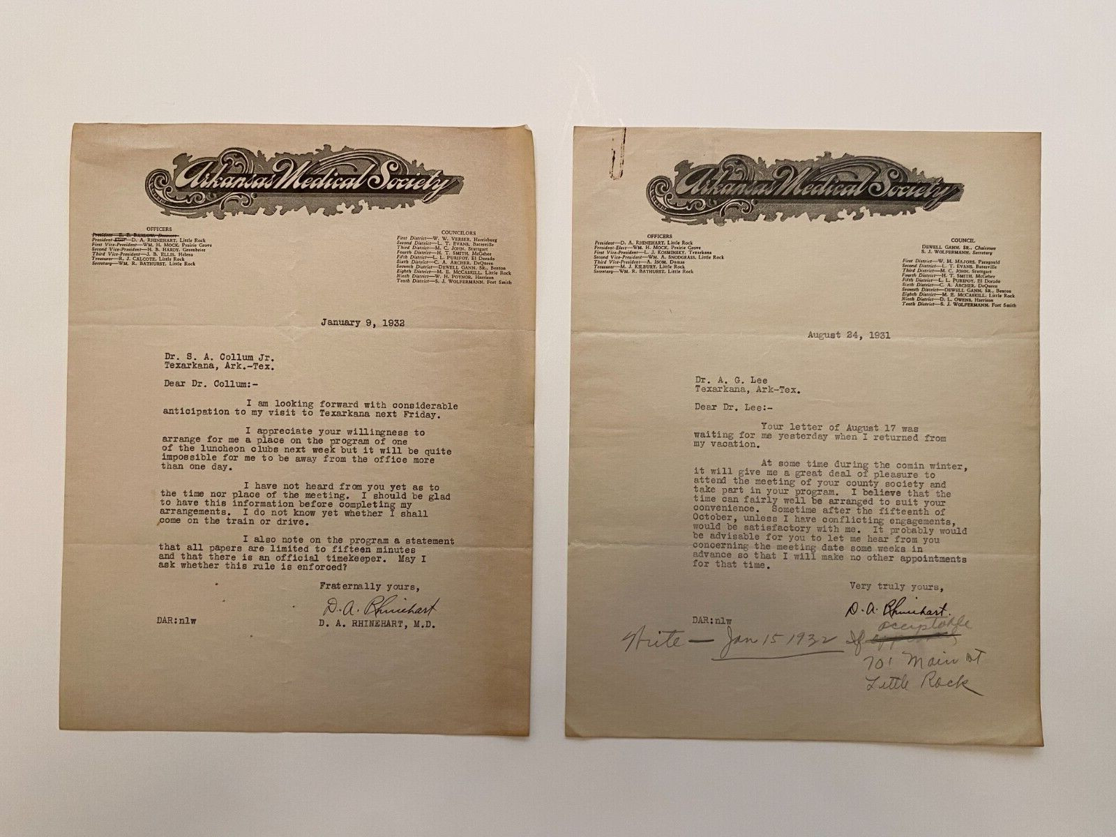 1931-32 Arkansas Medical Society Letters Signed by D. A. Rhinehart Little Rock