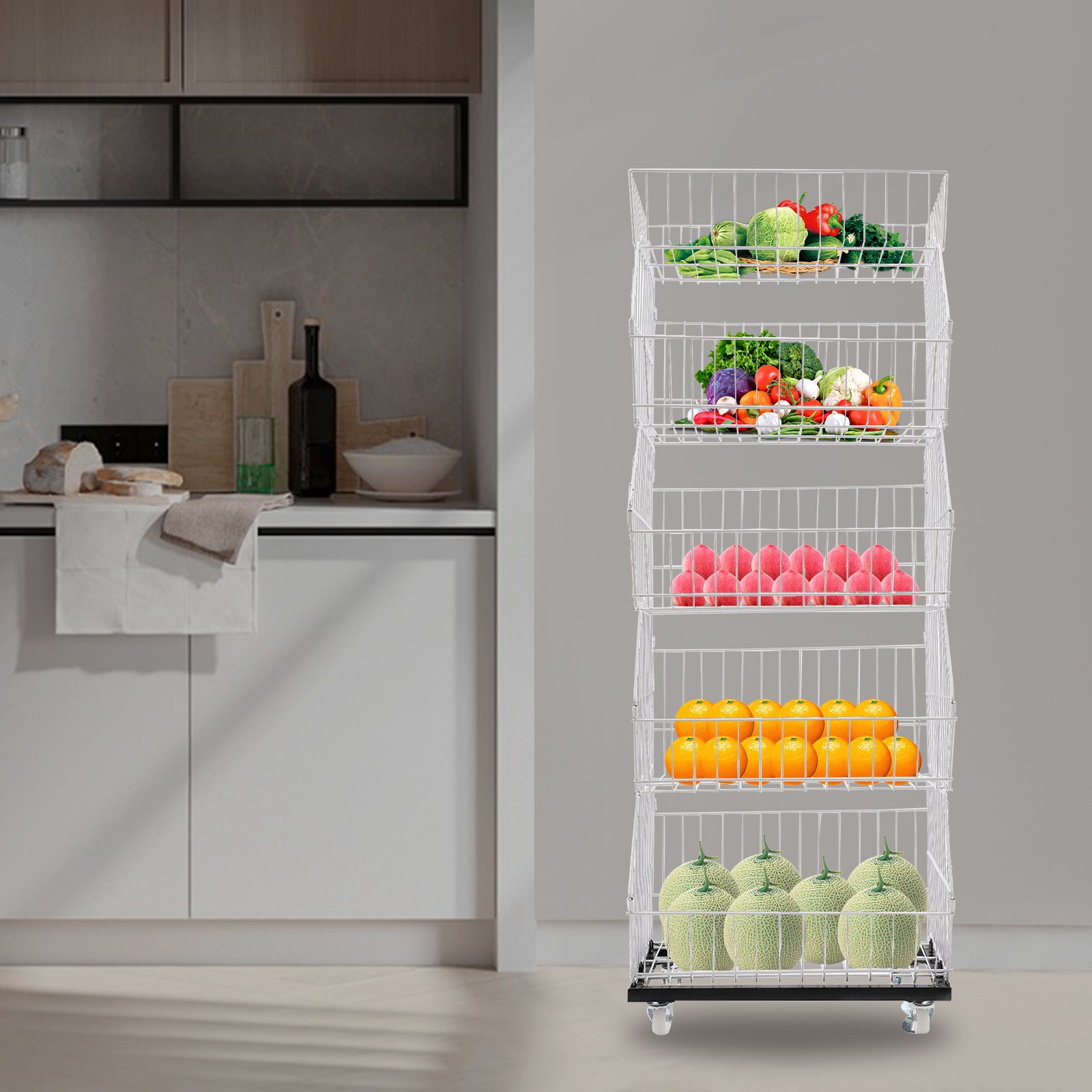5-Tier Wire Grid Display Rack with Wheels for Fruits and Vegetables